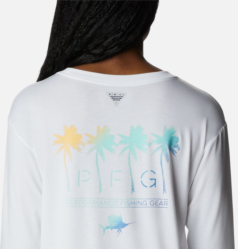 Women's PFG Slack Water Graphic Long Sleeve Shirt, Color: White, Las Palmas, image 5