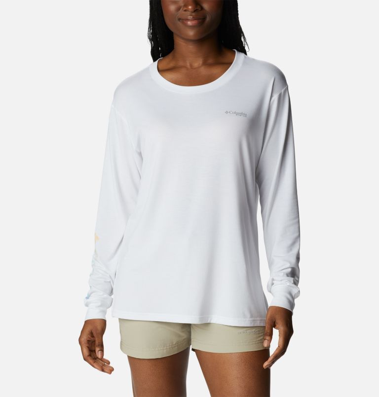 Women's PFG Slack Water Graphic Long Sleeve Shirt, Color: White, Las Palmas, image 2