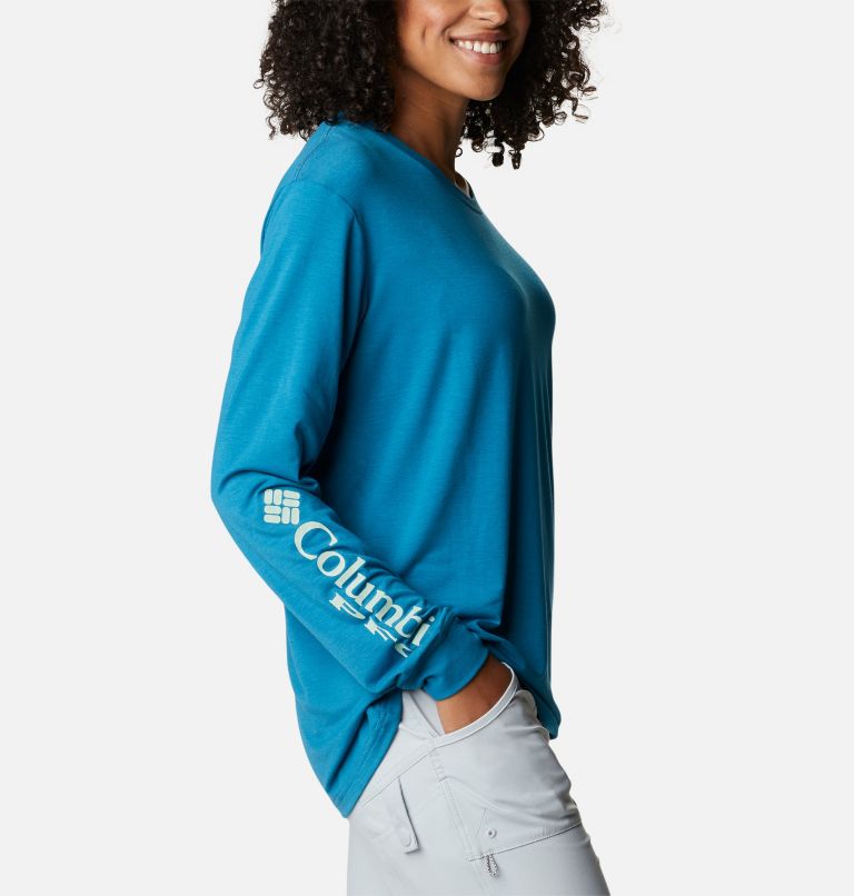 Women's PFG Slack Water Graphic Long Sleeve Shirt, Color: Deep Marine, Light Lime Gradient