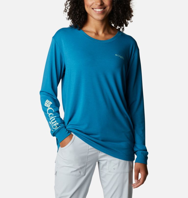 Women's PFG Slack Water Graphic Long Sleeve Shirt, Color: Deep Marine, Light Lime Gradient