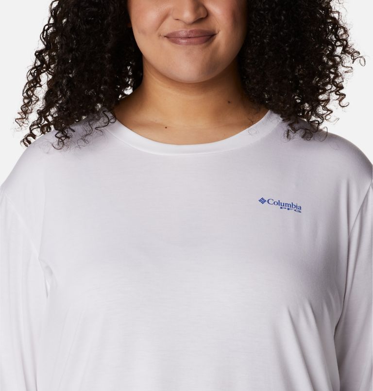 Women's PFG Slack Water Graphic Long Sleeve Shirt - Plus Size, Color: White, Blue Macaw Gradient, image 4