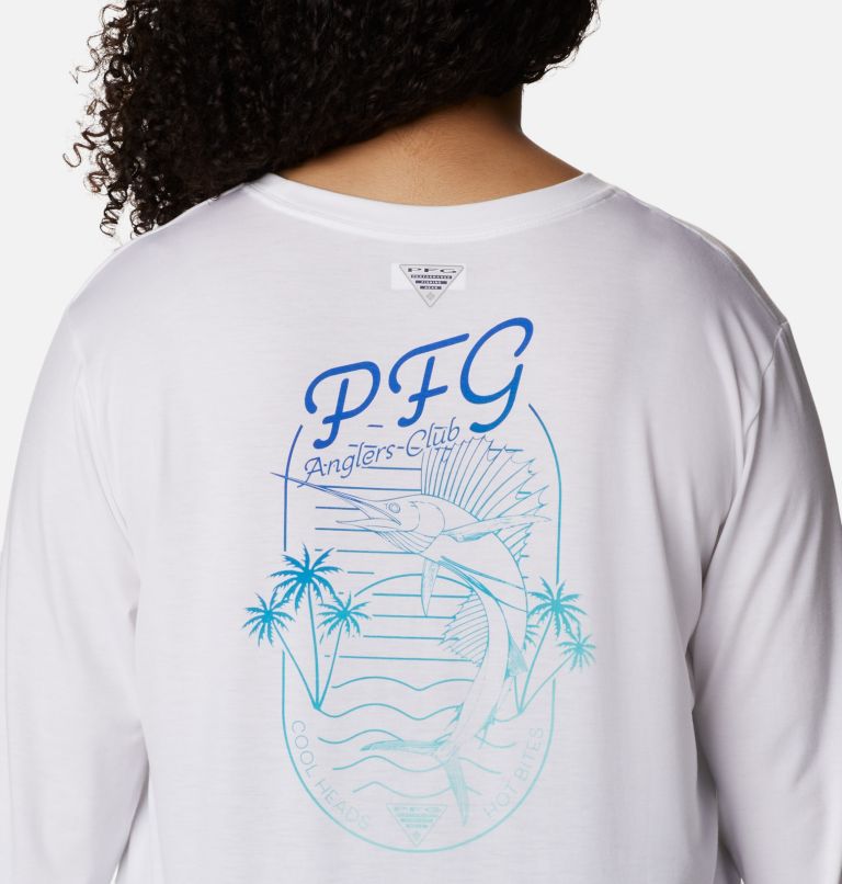 Women's PFG Slack Water Graphic Long Sleeve Shirt - Plus Size, Color: White, Blue Macaw Gradient