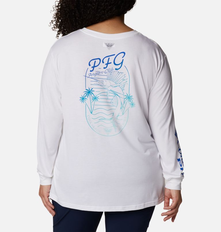 Thumbnail: Women's PFG Slack Water Graphic Long Sleeve Shirt - Plus Size, Color: White, Blue Macaw Gradient, image 2