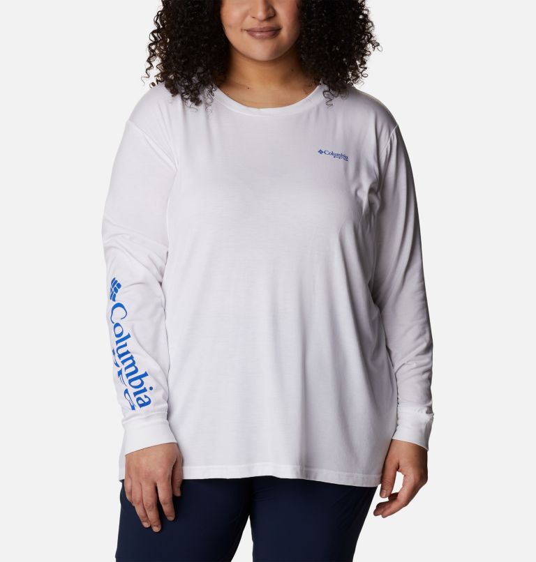 Women's PFG Slack Water Graphic Long Sleeve Shirt - Plus Size, Color: White, Blue Macaw Gradient, image 1