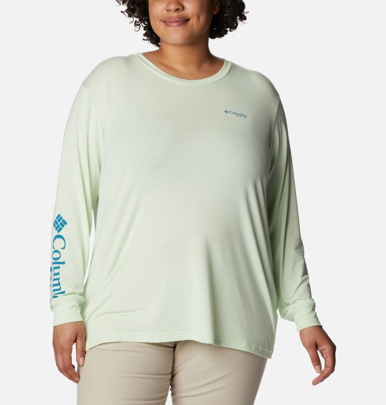 Thumbnail: Women's PFG Slack Water Graphic Long Sleeve Shirt - Plus Size, Color: Light Lime, Cypress Gradient, image 1
