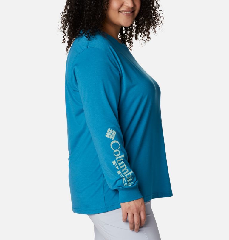 Women's PFG Slack Water Graphic Long Sleeve Shirt - Plus Size, Color: Deep Marine, Light Lime Gradient, image 3