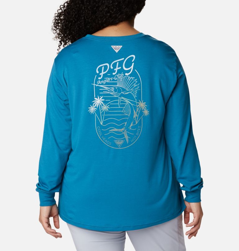 Women's PFG Slack Water Graphic Long Sleeve Shirt - Plus Size, Color: Deep Marine, Light Lime Gradient