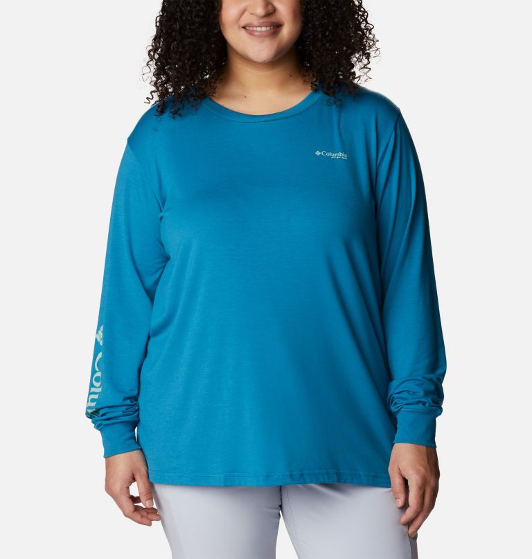 Thumbnail: Women's PFG Slack Water Graphic Long Sleeve Shirt - Plus Size, Color: Deep Marine, Light Lime Gradient, image 1