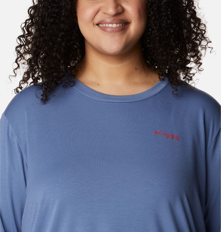 Women's PFG Slack Water Graphic Long Sleeve Shirt - Plus Size, Color: Bluestone, Red Spark Gradient, image 4