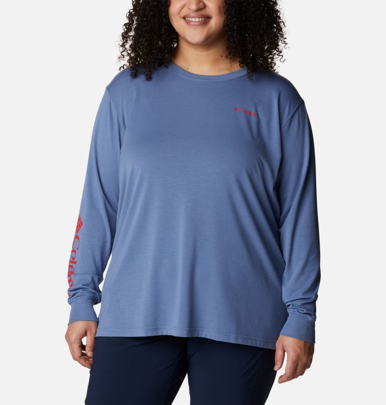 Women's PFG Slack Water Graphic Long Sleeve Shirt - Plus Size, Color: Bluestone, Red Spark Gradient