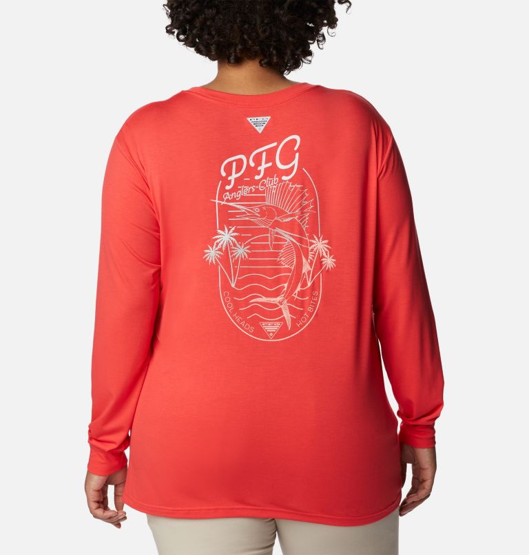 Women's PFG Slack Water Graphic Long Sleeve Shirt - Plus Size, Color: Red Hibiscus, Cool Grey Gradient