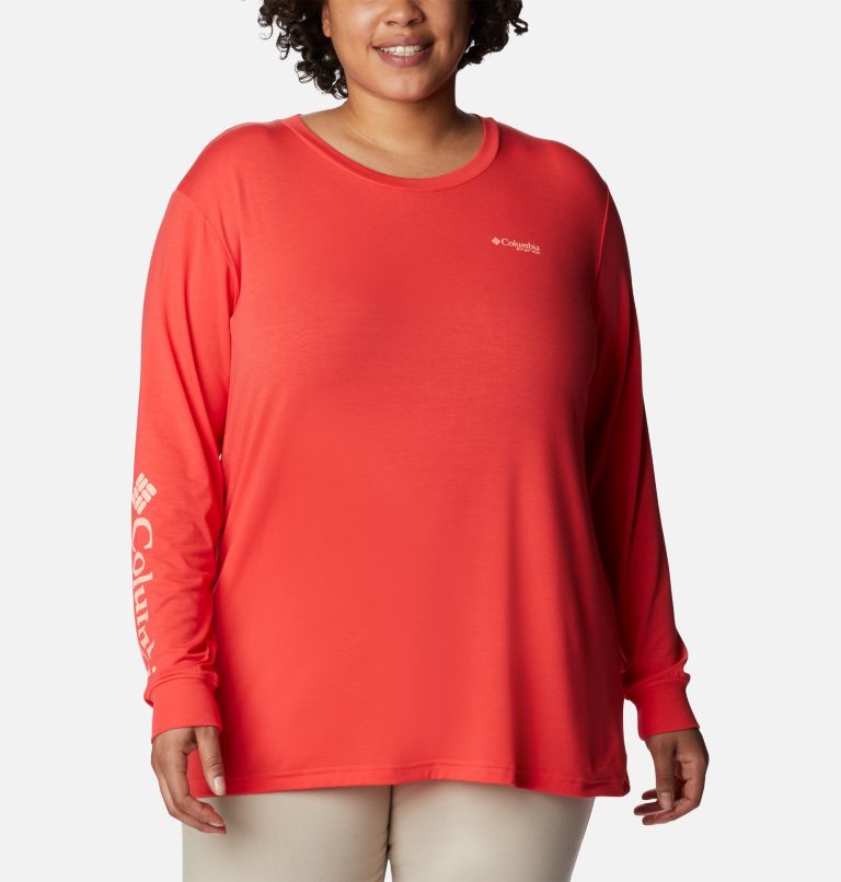 Women's PFG Slack Water Graphic Long Sleeve Shirt - Plus Size, Color: Red Hibiscus, Cool Grey Gradient