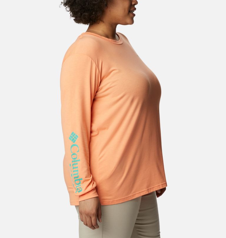Women's PFG Slack Water Graphic Long Sleeve Shirt - Plus Size, Color: Bright Nectar, Elctrc Turq Gradient, image 3