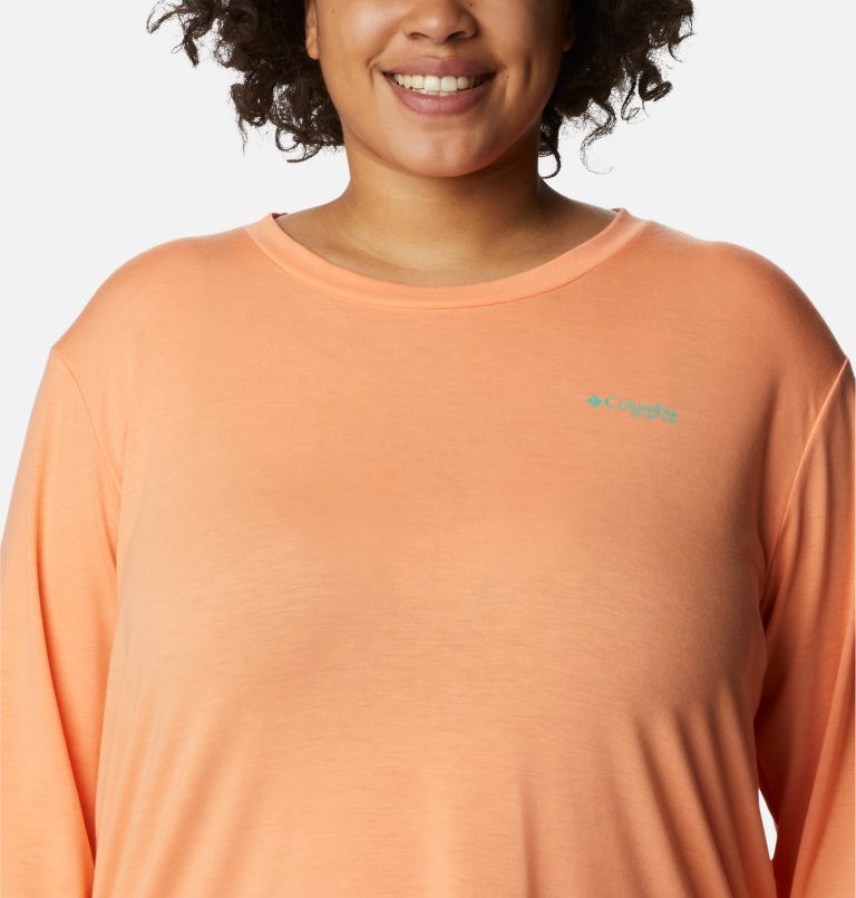 Women's PFG Slack Water Graphic Long Sleeve Shirt - Plus Size, Color: Bright Nectar, Elctrc Turq Gradient