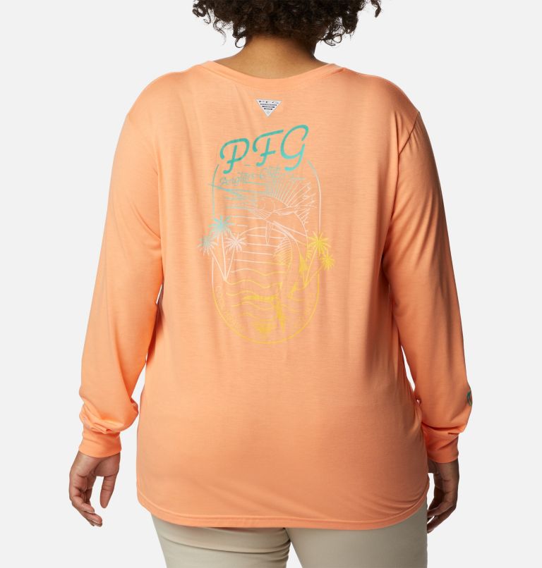 Women's PFG Slack Water Graphic Long Sleeve Shirt - Plus Size, Color: Bright Nectar, Elctrc Turq Gradient