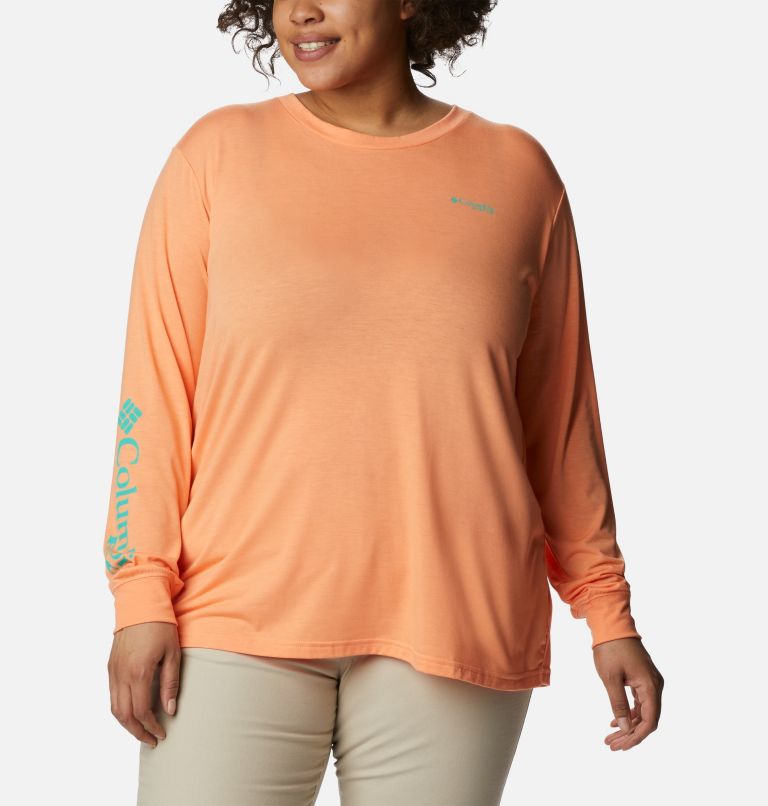 Women's PFG Slack Water Graphic Long Sleeve Shirt - Plus Size, Color: Bright Nectar, Elctrc Turq Gradient, image 1