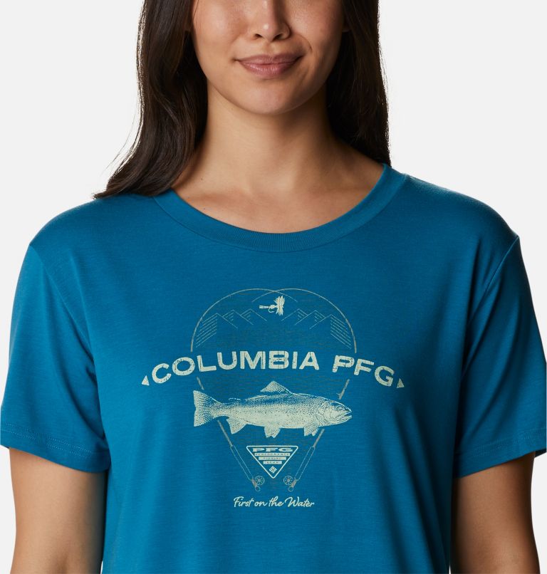 Women's Slack Water Graphic Short Sleeve Shirt, Color: Deep Marine, Trout