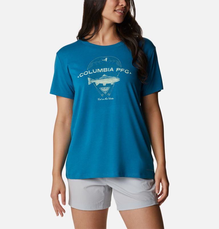 Women's Slack Water Graphic Short Sleeve Shirt, Color: Deep Marine, Trout