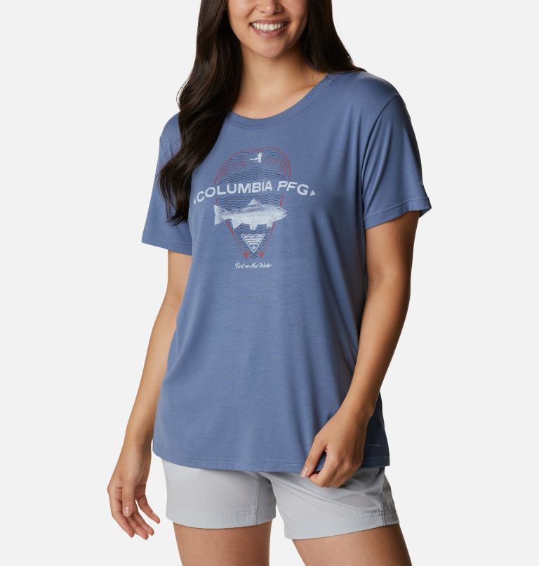 Women's PFG Slack Water Graphic Short Sleeve Shirt, Color: Bluestone, Trout, image 1