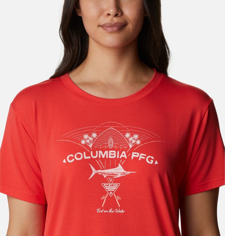 Women's PFG Slack Water Graphic Short Sleeve Shirt, Color: Red Hibiscus, Billfish, image 4