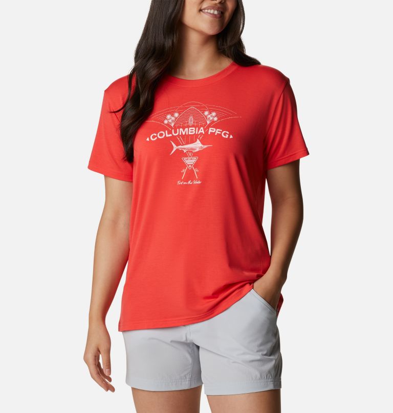 Thumbnail: Women's PFG Slack Water Graphic Short Sleeve Shirt, Color: Red Hibiscus, Billfish, image 1