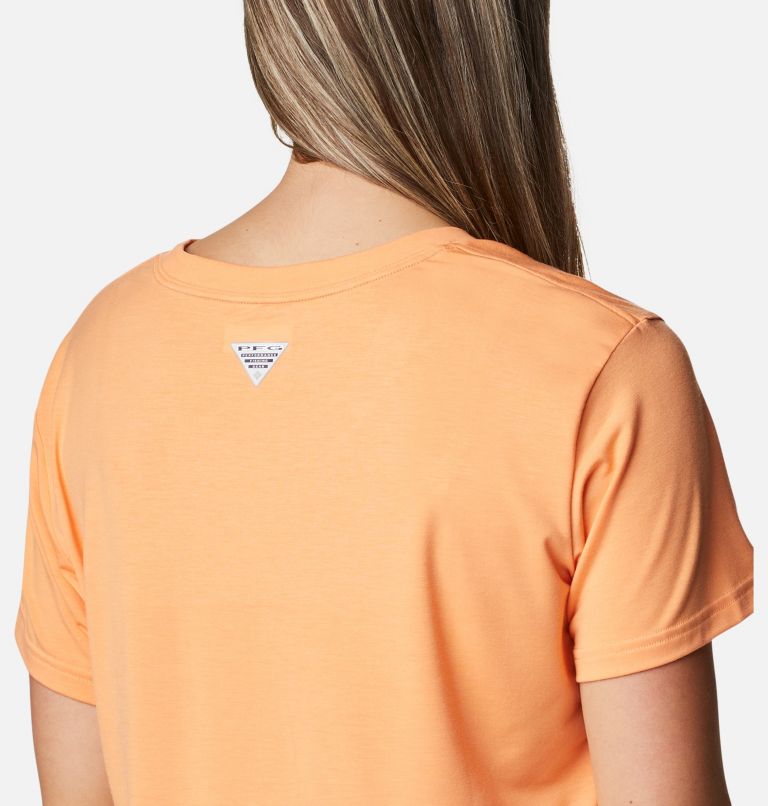 Women's PFG Slack Water Graphic Short Sleeve Shirt, Color: Bright Nectar, Tuna