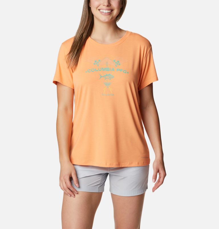 Women's PFG Slack Water Graphic Short Sleeve Shirt, Color: Bright Nectar, Tuna