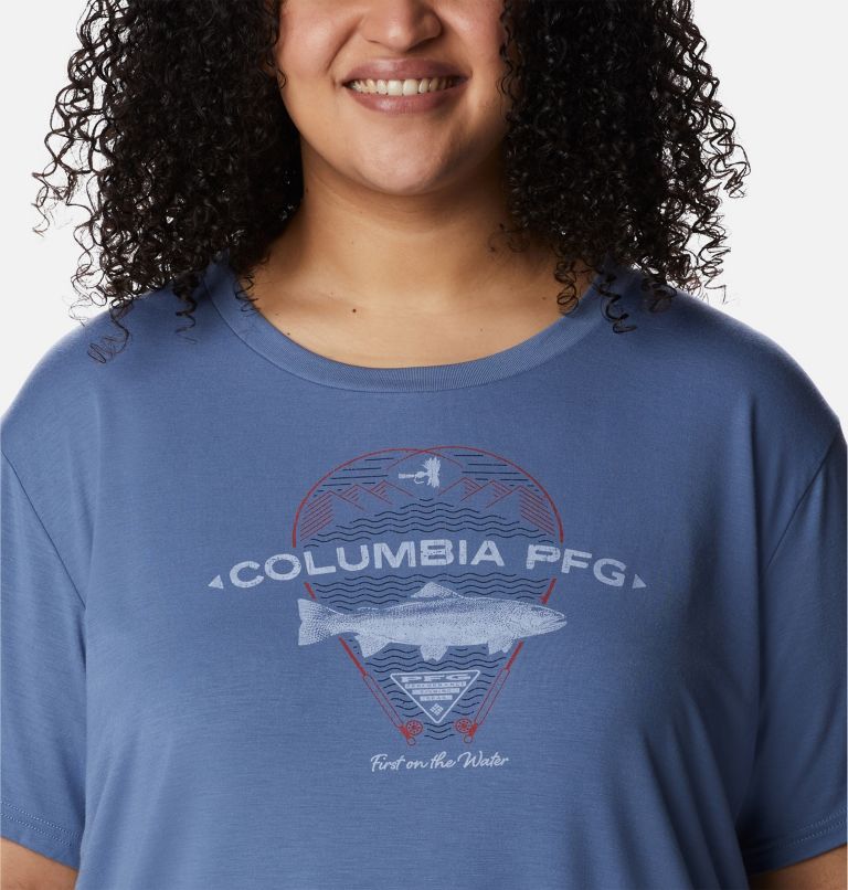 Women's PFG Slack Water Graphic Short Sleeve Shirt - Plus Size, Color: Bluestone, Trout