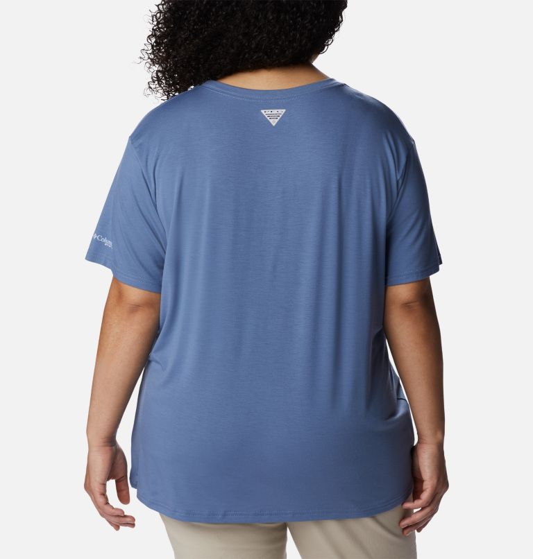 Women's PFG Slack Water Graphic Short Sleeve Shirt - Plus Size, Color: Bluestone, Trout