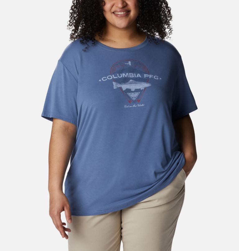 Women's PFG Slack Water Graphic Short Sleeve Shirt - Plus Size, Color: Bluestone, Trout, image 1