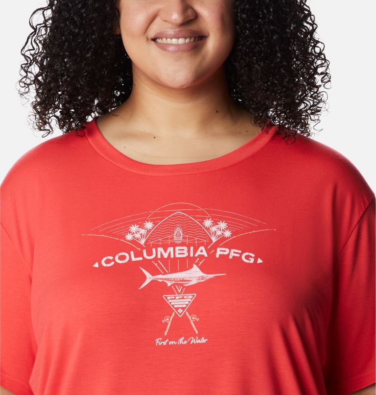 Women's PFG Slack Water Graphic Short Sleeve Shirt - Plus Size, Color: Red Hibiscus, Billfish