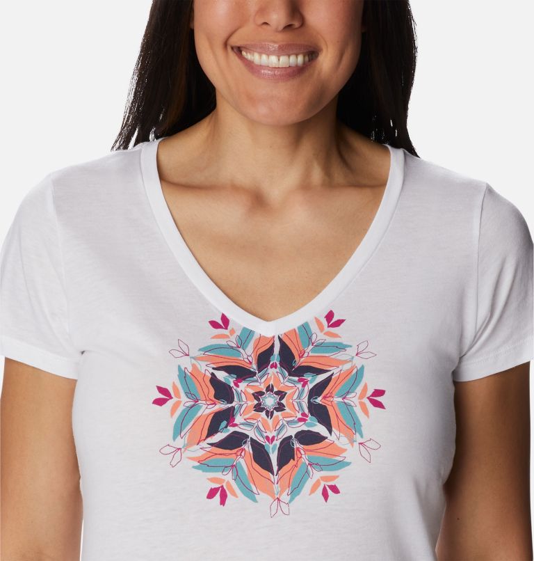 Women's Daisy Days II V-Neck T-Shirt, Color: White, Floral Leafscape