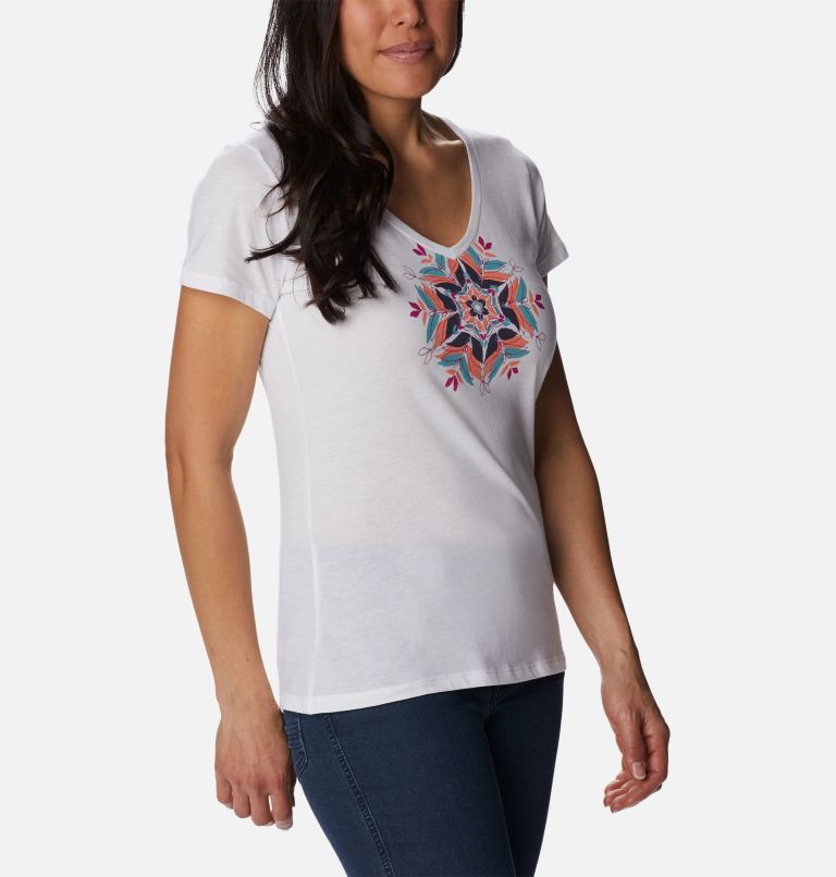 Women's Daisy Days II V-Neck T-Shirt, Color: White, Floral Leafscape