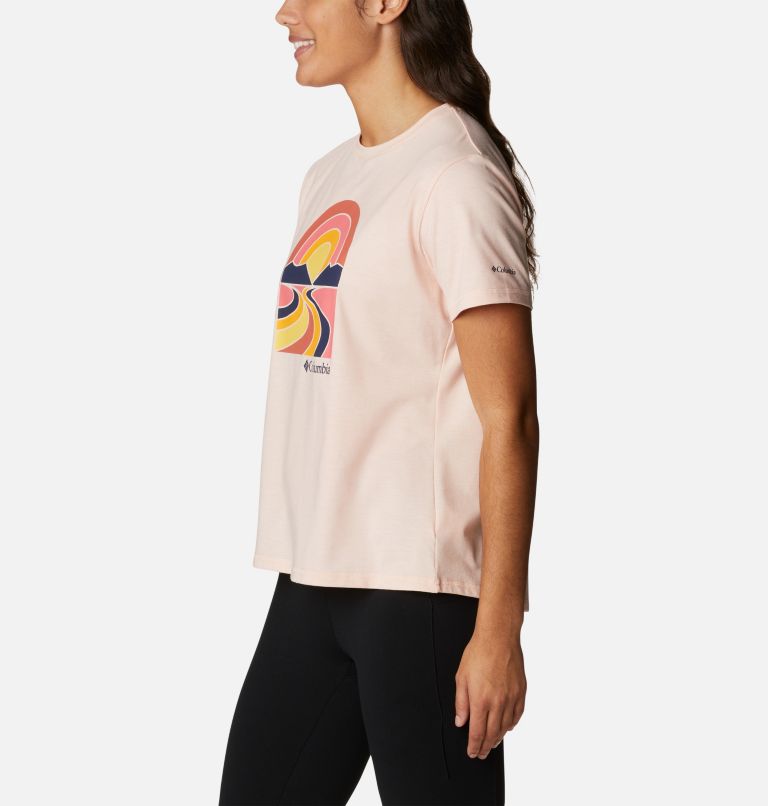 Women’s Sun Trek II Technical Graphic T-Shirt, Color: Peach Blossom Heather, Suntrek Trails, image 3