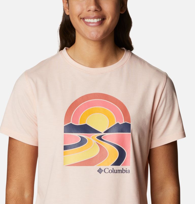 Women’s Sun Trek II Technical Graphic T-Shirt, Color: Peach Blossom Heather, Suntrek Trails, image 4
