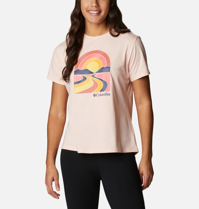 Thumbnail: Women’s Sun Trek II Technical Graphic T-Shirt, Color: Peach Blossom Heather, Suntrek Trails, image 1
