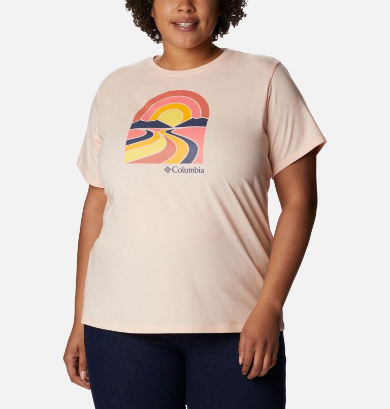 Thumbnail: Women's Sun Trek Graphic Tee II - Plus Size, Color: Peach Blossom Heather, Suntrek Trails, image 1