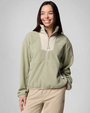 A woman wearing a two-toned fleece