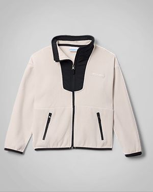 A multi-color kids ' fleece zip-up.
