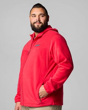 A man wearing an orange fleece zip-up.