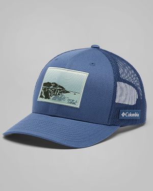 A camo Columbia baseball hat with the American flag on the front.