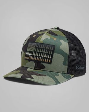 A camo Columbia baseball hat with the American flag on the front.