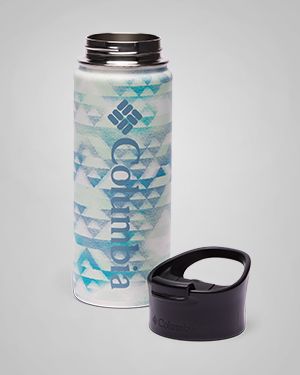 A large blue and white metal water bottle.