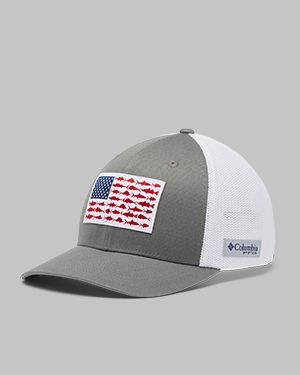A white and grey baseball hat with the American flag on the front.