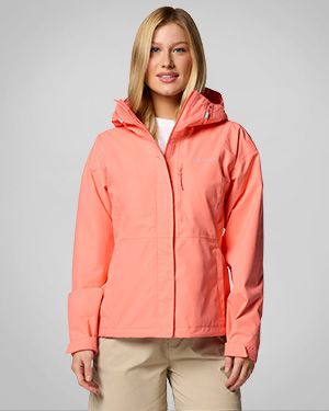 Woman wearing a pink rain jacket.