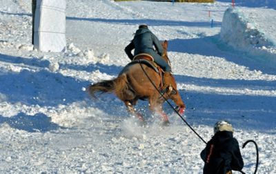  A rider on horseback tows a person on skis across the snow. 