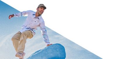 Hikers walking on a blue dynamic background