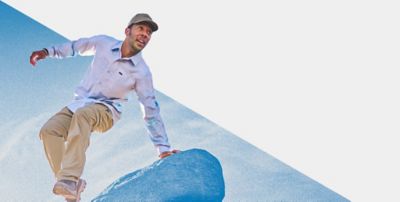 Friends hiking over a dynamic blue and white background. Unlock More Rewards.
