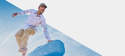 Friends hiking over a dynamic blue and white background. Unlock More Rewards.