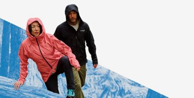 Friends hiking over a dynamic blue background